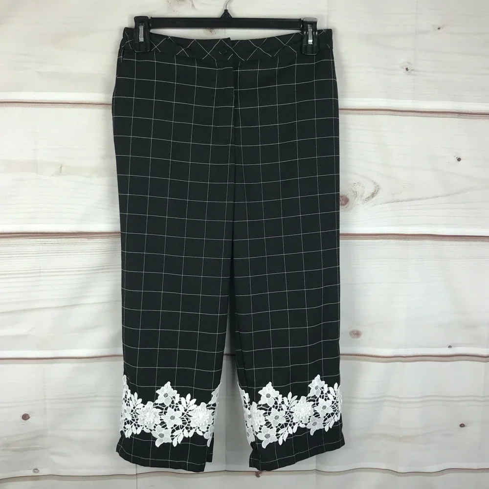 Linea Louis Dell'Olio Pants Women 14P Black Windowpane Crop Lace Applique Pocket